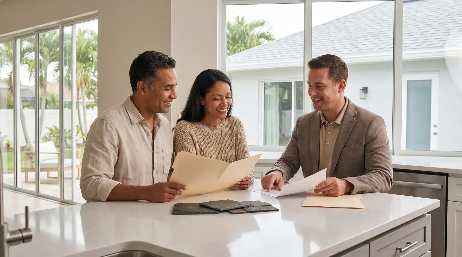 Homeowners reviewing roofing options during an estimate consultation