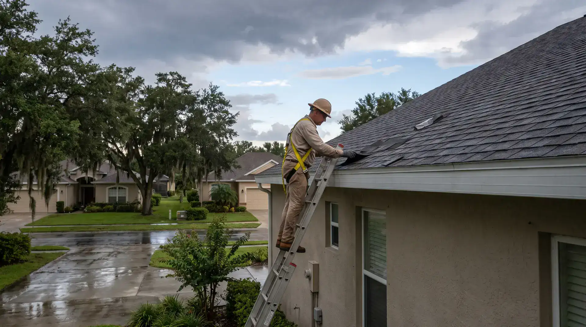 Roof inspector assessing storm damage on a Central Florida home